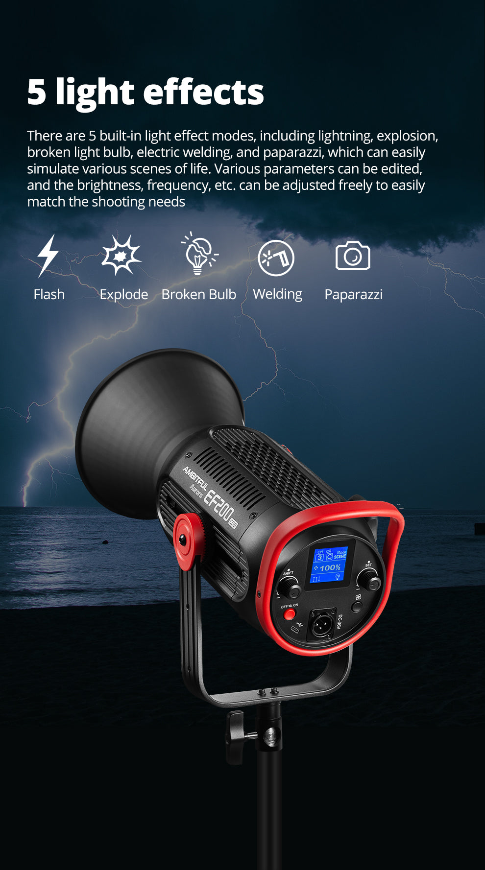 AMBITFUL EF200 COB 200W LED Video Light 5600K LED Continuous Lighting ,CRI 95+,TLCI 97+,Built-in APP ,79000lux@ 1m, Bowens Mount