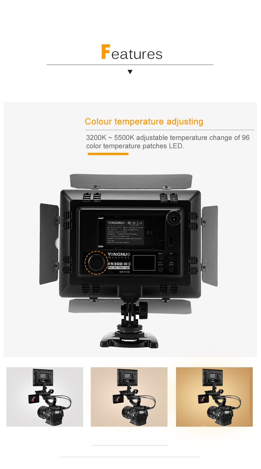 Yongnuo YN300 III YN300III 3200k-5500K CRI95 Camera Photo LED Video Light Optional with AC Power Adapter + NP770 Battery KIT