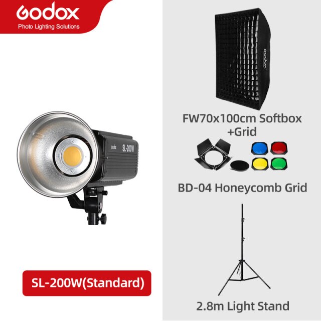 Godox SL-200W SL200W 5600K White Version LCD Panel Continuous LED Video Light + 70x100cm softbox + 2.8m Light Stand + Barn Door
