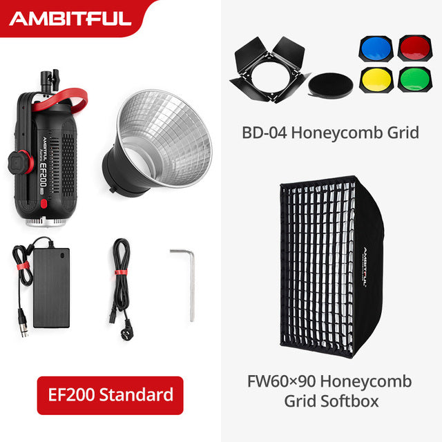 AMBITFUL EF200 COB 200W LED Video Light 5600K LED Continuous Lighting ,CRI 95+,TLCI 97+,Built-in APP ,79000lux@ 1m, Bowens Mount
