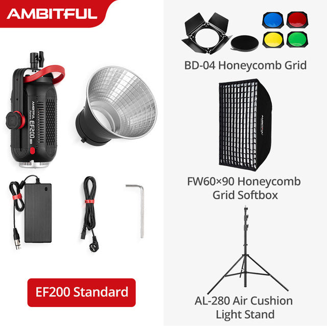 AMBITFUL EF200 COB 200W LED Video Light 5600K LED Continuous Lighting ,CRI 95+,TLCI 97+,Built-in APP ,79000lux@ 1m, Bowens Mount