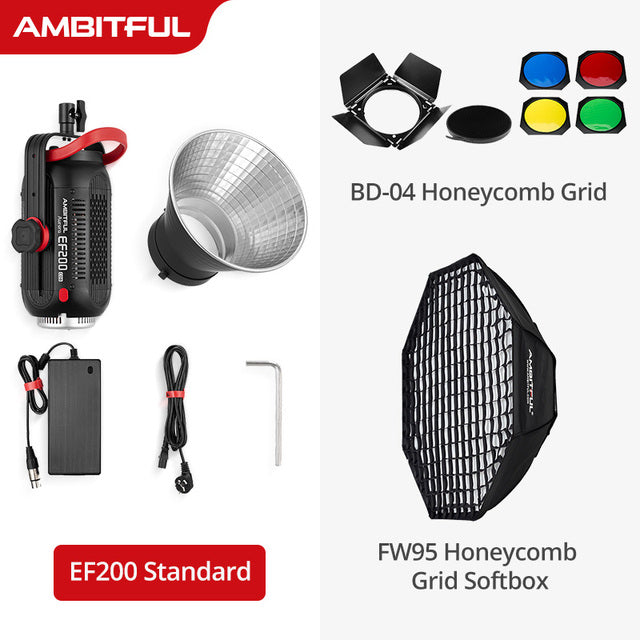 AMBITFUL EF200 COB 200W LED Video Light 5600K LED Continuous Lighting ,CRI 95+,TLCI 97+,Built-in APP ,79000lux@ 1m, Bowens Mount