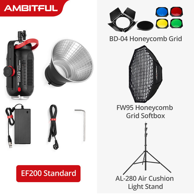 AMBITFUL EF200 COB 200W LED Video Light 5600K LED Continuous Lighting ,CRI 95+,TLCI 97+,Built-in APP ,79000lux@ 1m, Bowens Mount