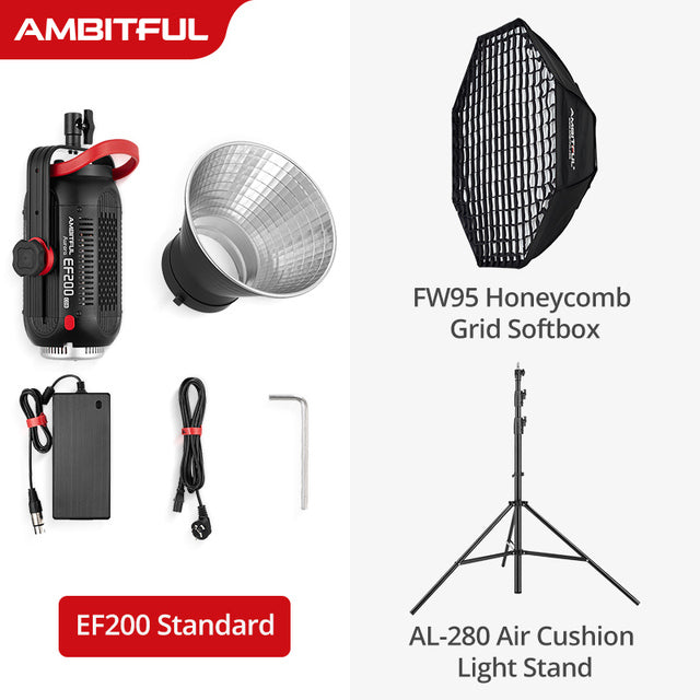 AMBITFUL EF200 COB 200W LED Video Light 5600K LED Continuous Lighting ,CRI 95+,TLCI 97+,Built-in APP ,79000lux@ 1m, Bowens Mount