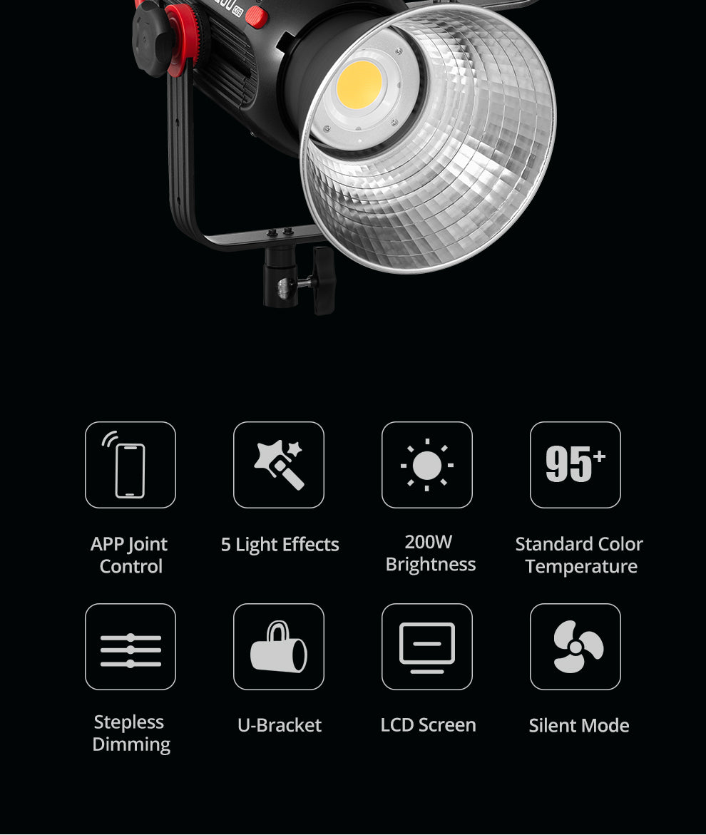 AMBITFUL EF200 COB 200W LED Video Light 5600K LED Continuous Lighting ,CRI 95+,TLCI 97+,Built-in APP ,79000lux@ 1m, Bowens Mount