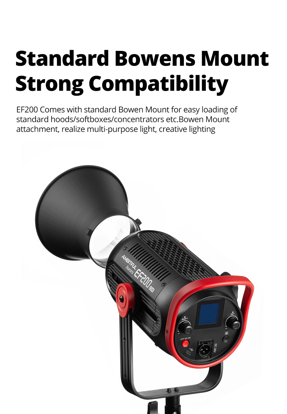 AMBITFUL EF200 COB 200W LED Video Light 5600K LED Continuous Lighting ,CRI 95+,TLCI 97+,Built-in APP ,79000lux@ 1m, Bowens Mount