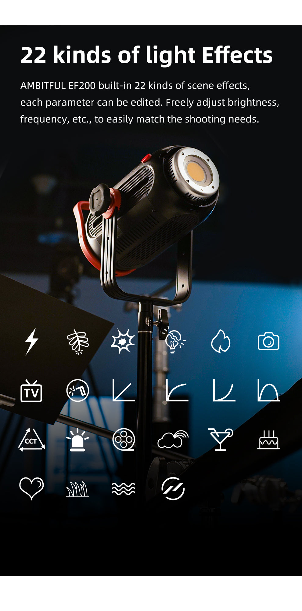 AMBITFUL EF200 COB 200W LED Video Light 5600K LED Continuous Lighting ,CRI 95+,TLCI 97+,Built-in APP ,79000lux@ 1m, Bowens Mount