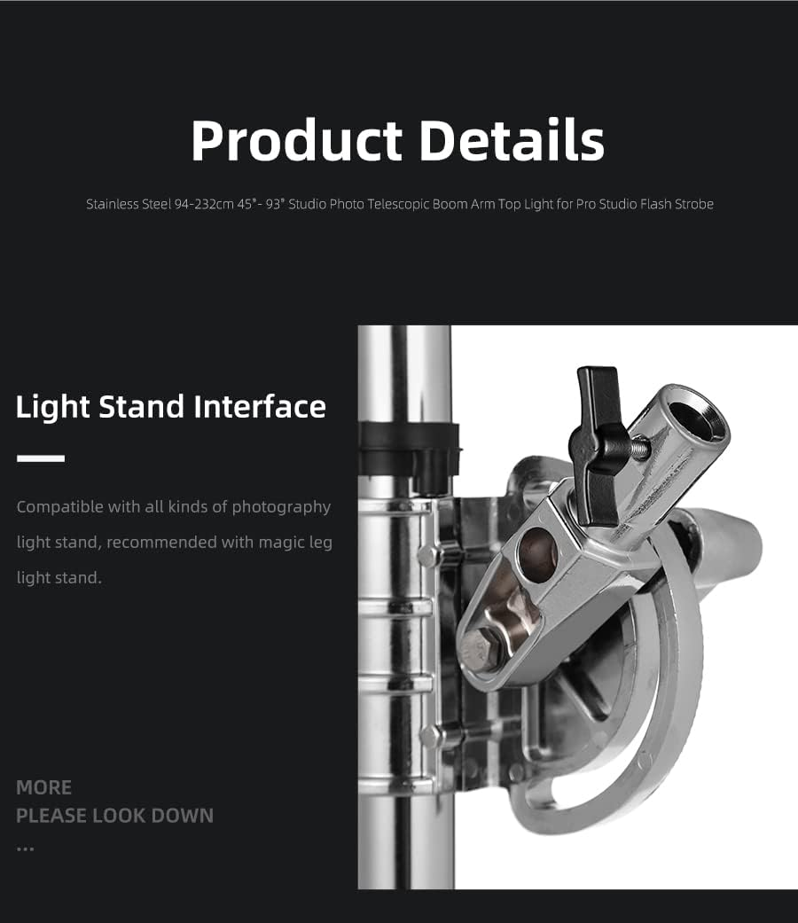 AMBITFUL MF-01 - Braccio trasversale in acciaio inox pesante perstudio fotografico, lunghezza 232 cm, braccio per braccio da 94 cma 232 cm, braccio trasversale per C-Stand