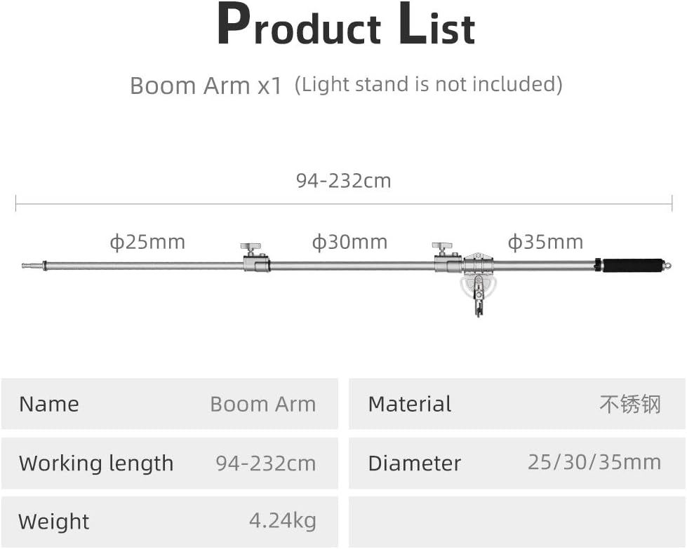 AMBITFUL MF-01 - Braccio trasversale in acciaio inox pesante perstudio fotografico, lunghezza 232 cm, braccio per braccio da 94 cma 232 cm, braccio trasversale per C-Stand