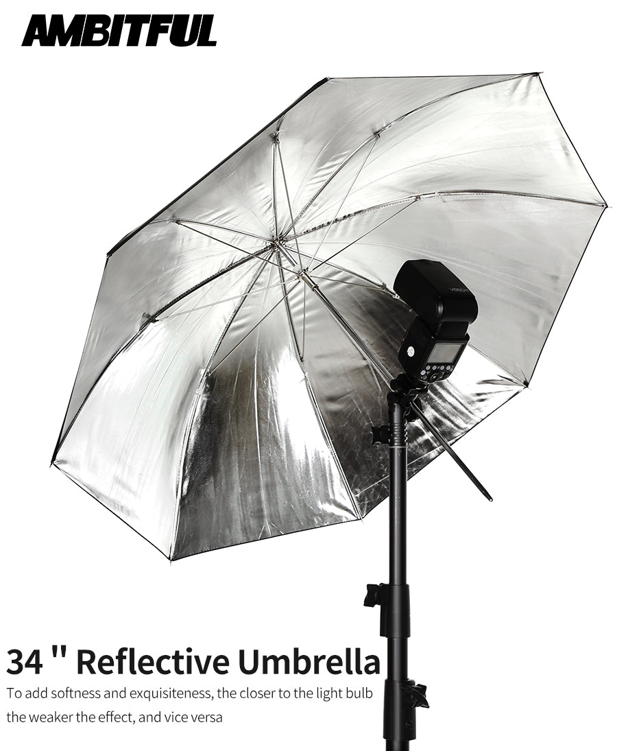 AMBITFUL 34" 86cm Black Silver Reflector Reflective Umbrella Stainless Steel Metal Bracket with Carry Bag for Photography Studio