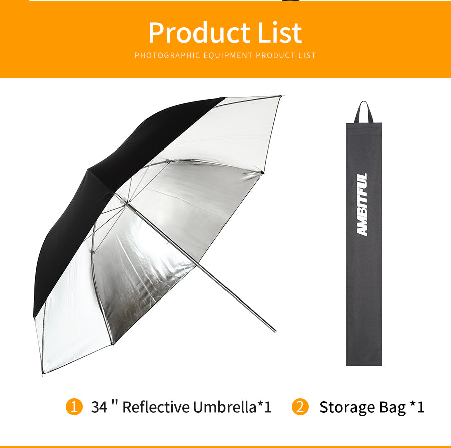 AMBITFUL 34" 86cm Black Silver Reflector Reflective Umbrella Stainless Steel Metal Bracket with Carry Bag for Photography Studio