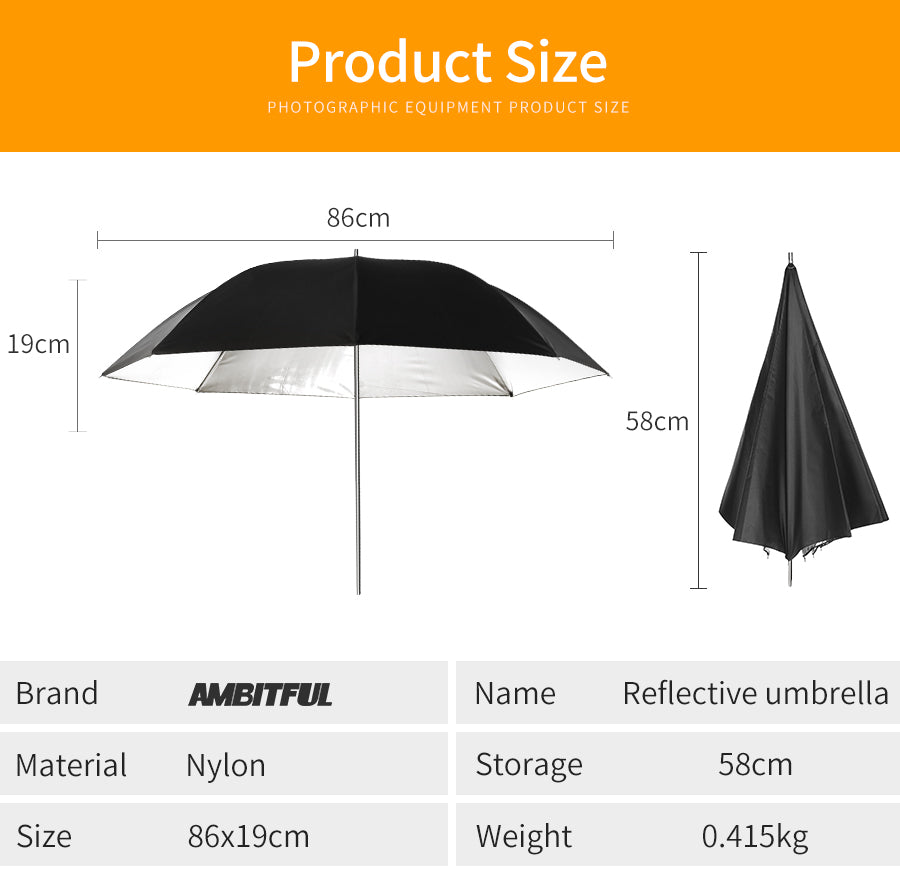 AMBITFUL 34" 86cm Black Silver Reflector Reflective Umbrella Stainless Steel Metal Bracket with Carry Bag for Photography Studio