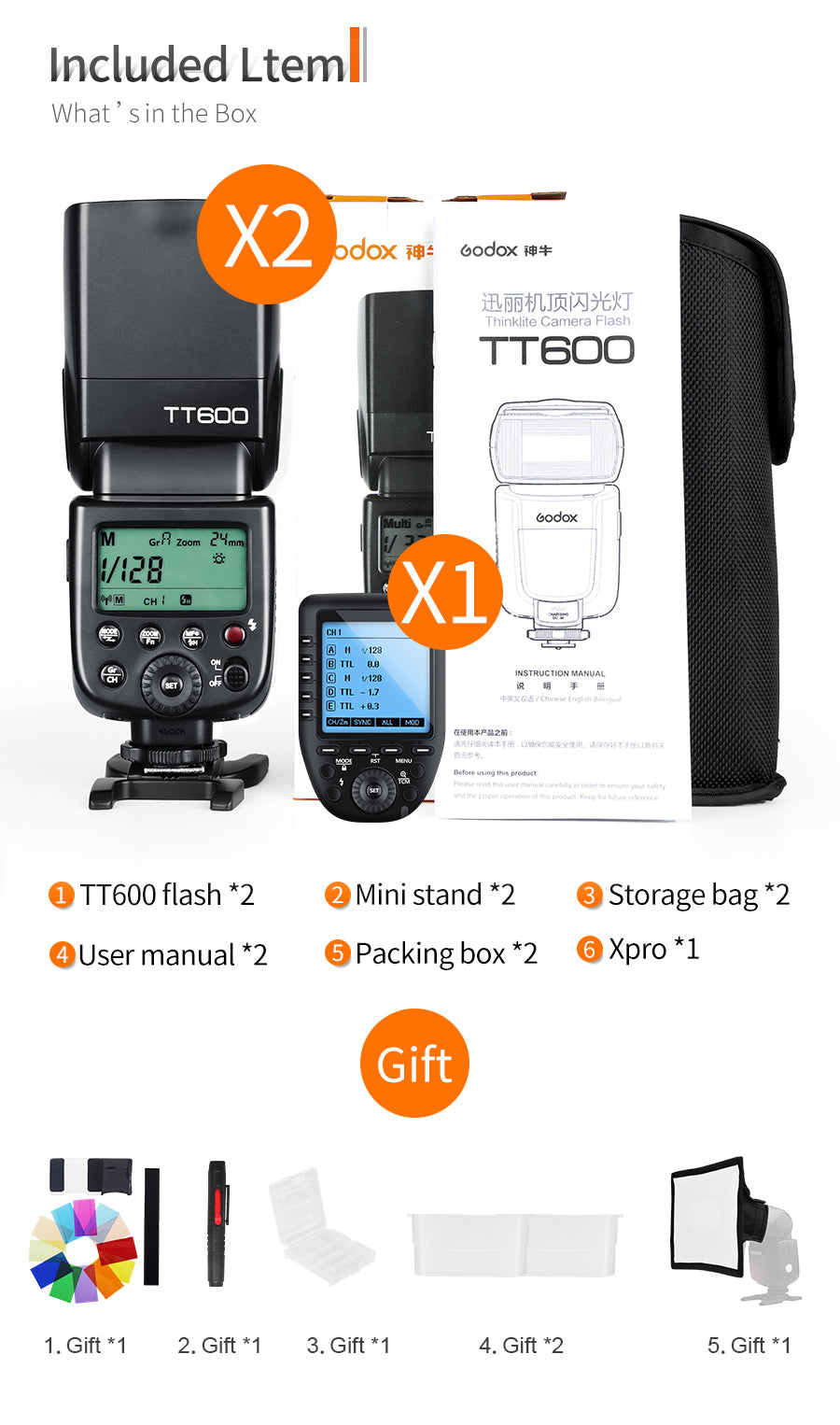 Godox 2x TT600 2.4G Wireless GN60 Master/Slave Camera Flash Speedlite with Xpro Trigger for Canon Nikon Sony Pentax Olympus Fuji