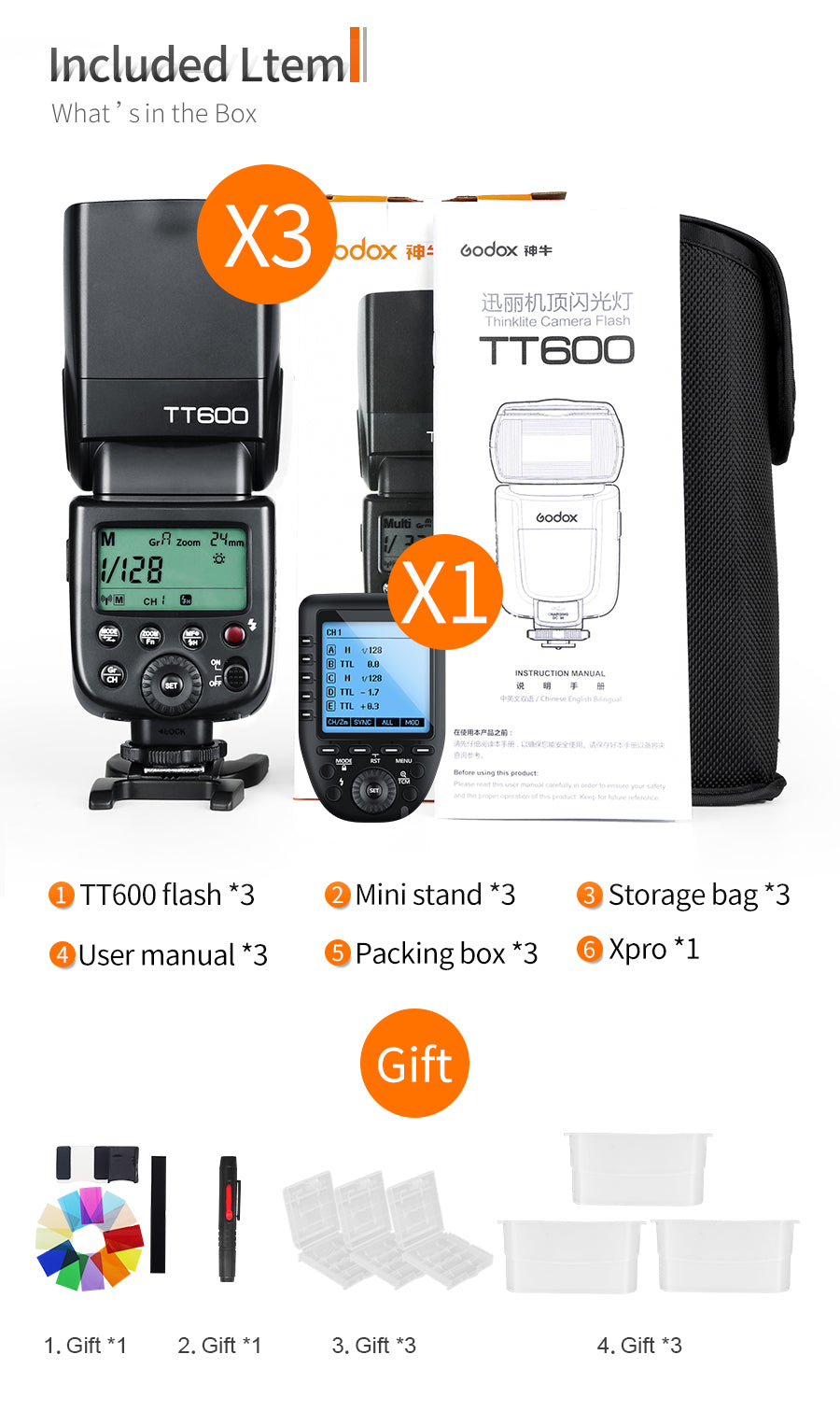 Godox TT600x3 Built-in Receive Camera Flash Speedlite with Xpro Transmitter for for Canon Nikon Sony Fuji Olympus Pentax Camera