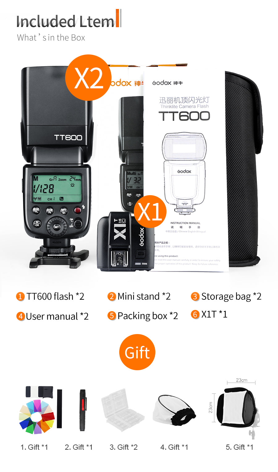 Godox 2PCS TT600 2.4G Wireless Camera Flash Speedlite with X1T-C/N/S/F/O Transmitter for Canon Nikon Sony Fuji Olympus