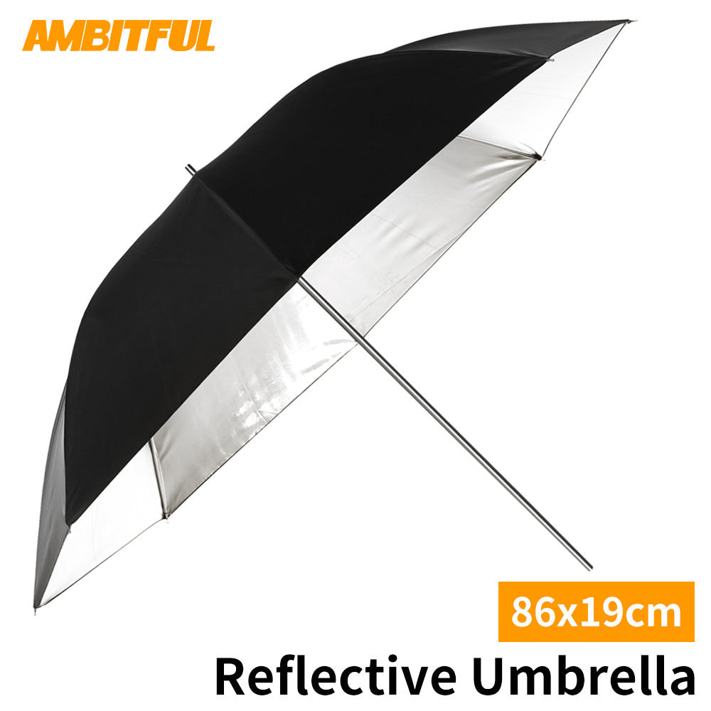 AMBITFUL 34" 86cm Black Silver Reflector Reflective Umbrella Stainless Steel Metal Bracket with Carry Bag for Photography Studio