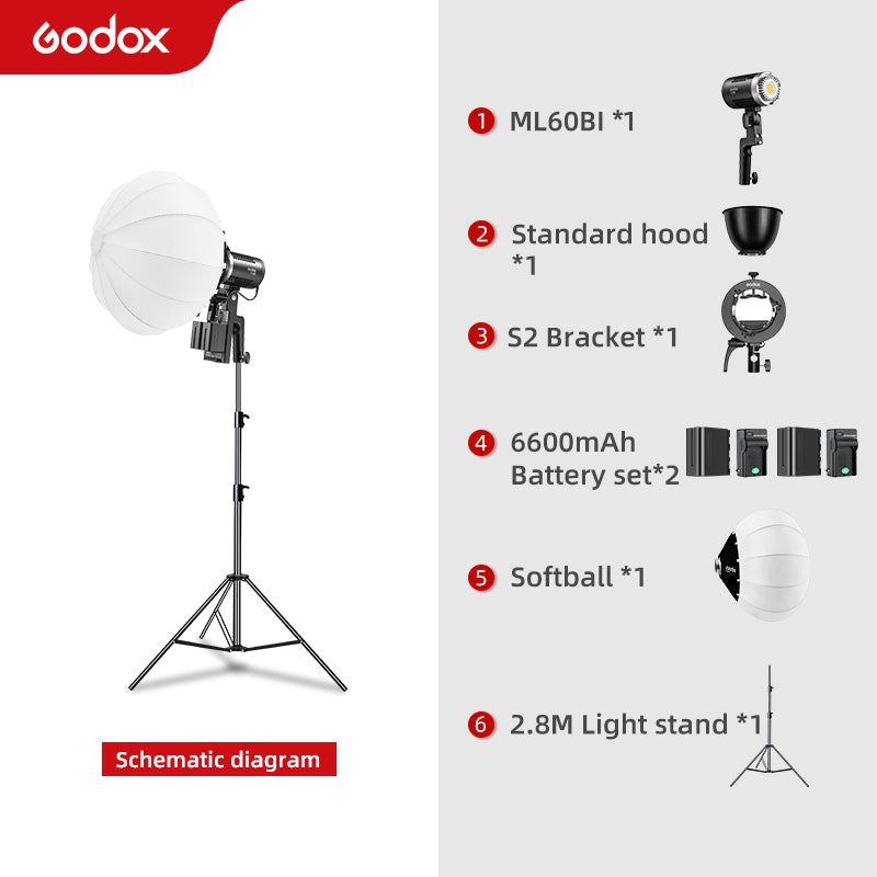 Godox ML60Bi ML60 Bi 60W Bi-Color LED Light Silent Mode Portable Brightness Adjustment Support Li-ion Outdoor LED Light