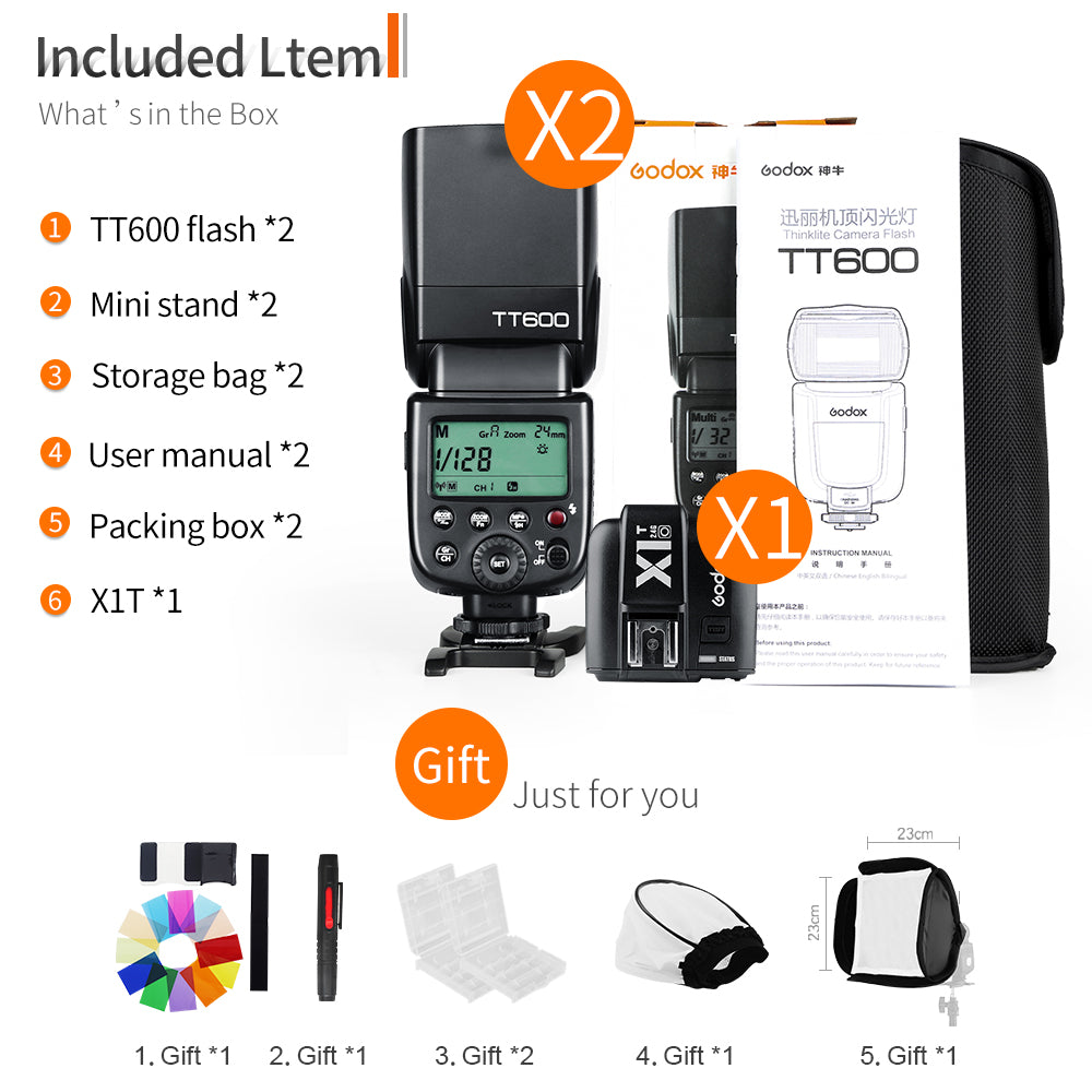 Godox 2pcs TT600 2.4G Wireless Camera Flashes Speedlites with X1T-C Transmitter for Canon +GIFT KIT