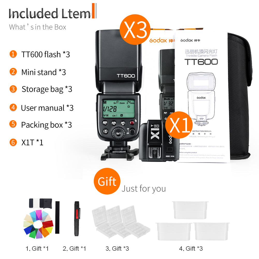 Godox TT600x3 Built-in Receive Camera Flash Speedlite Diffuser with X1T-C/N/S Transmitter for for Canon Nikon Sony Fuji Olympus