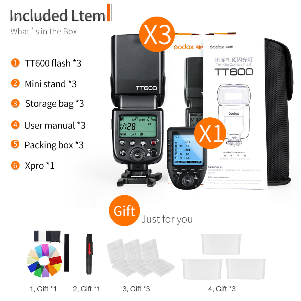 Godox TT600x3 Built-in Receive Camera Flash Speedlite with Xpro Transmitter for for Canon Nikon Sony Fuji Olympus Pentax Camera