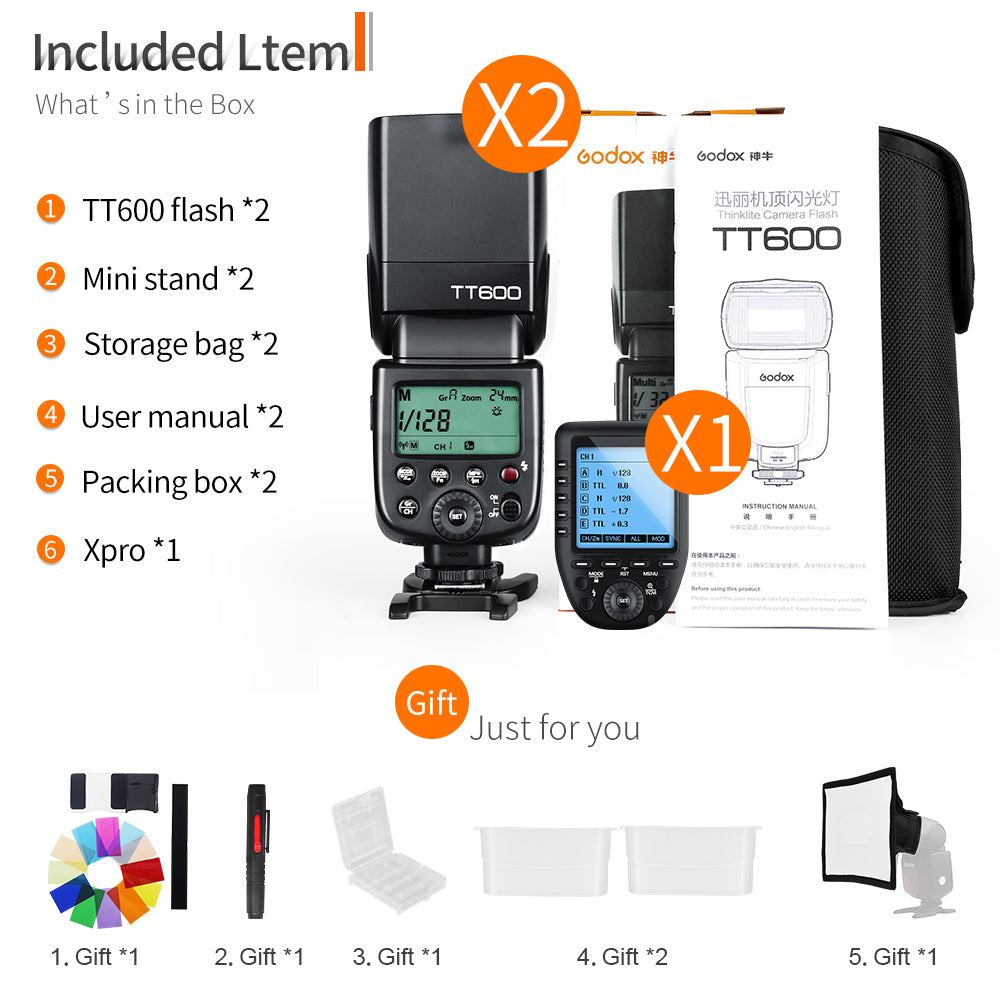 Godox 2x TT600 2.4G Wireless GN60 Master/Slave Camera Flash Speedlite with Xpro Trigger for Canon Nikon Sony Pentax Olympus Fuji