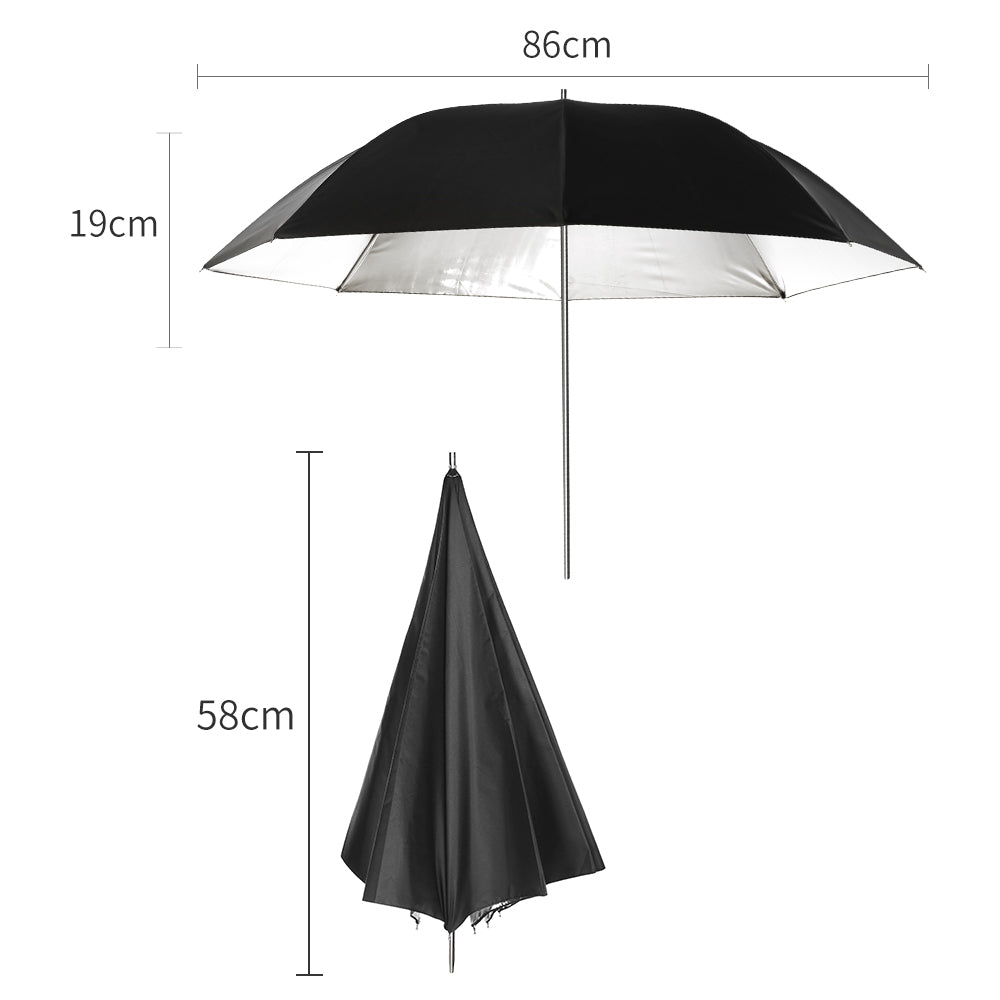 AMBITFUL 34" 86cm Black Silver Reflector Reflective Umbrella Stainless Steel Metal Bracket with Carry Bag for Photography Studio