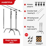 Black Heavy Duty Light Stand with Detachable Base 5-10 feet/1.6-3.2 meters Adjustable C Stand with 2 Risers for Photography
