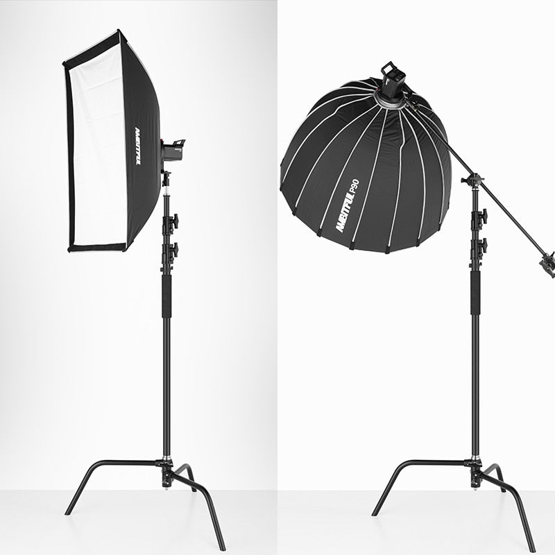 Black Heavy Duty Light Stand with Detachable Base 5-10 feet/1.6-3.2 meters Adjustable C Stand with 2 Risers for Photography