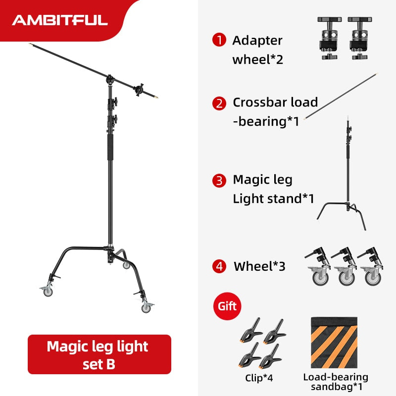 Black Heavy Duty Light Stand with Detachable Base 5-10 feet/1.6-3.2 meters Adjustable C Stand with 2 Risers for Photography