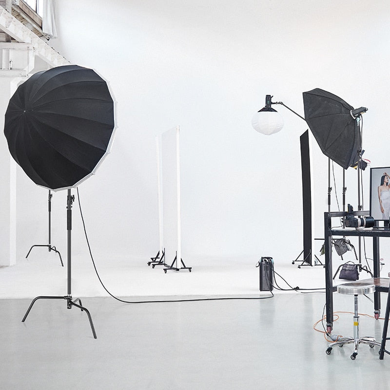 Black Heavy Duty Light Stand with Detachable Base 5-10 feet/1.6-3.2 meters Adjustable C Stand with 2 Risers for Photography