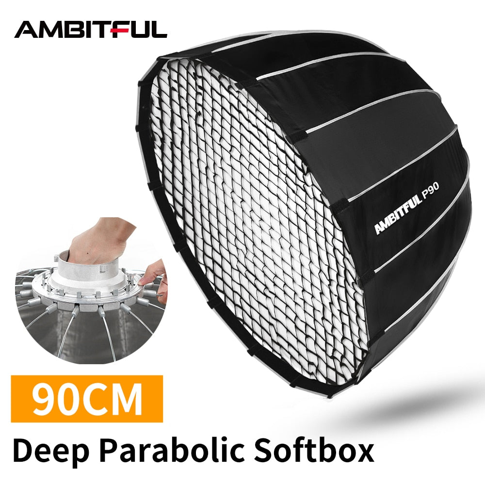 AMBITFUL P90 90CM Quickly Release Parabolic Deep Softbox + Honeycomb Grid for Bowens Profoto Elinchrom Mount Studio Flash