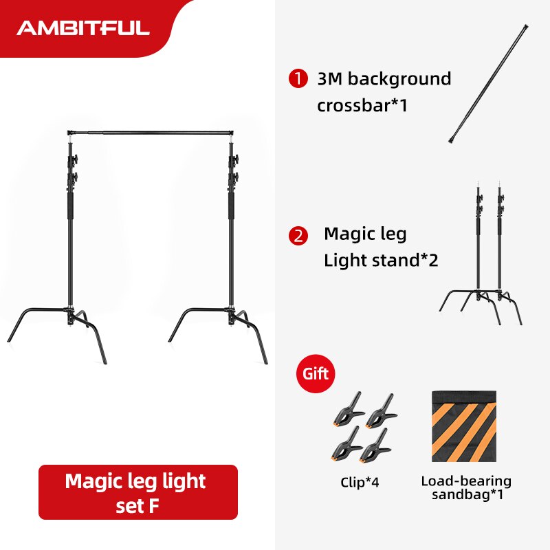 Black Heavy Duty Light Stand with Detachable Base 5-10 feet/1.6-3.2 meters Adjustable C Stand with 2 Risers for Photography