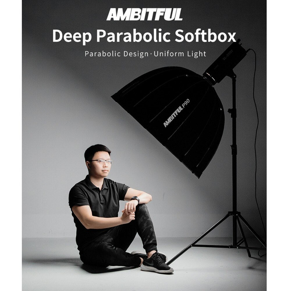 AMBITFUL P90 90CM Quickly Release Parabolic Deep Softbox + Honeycomb Grid for Bowens Profoto Elinchrom Mount Studio Flash