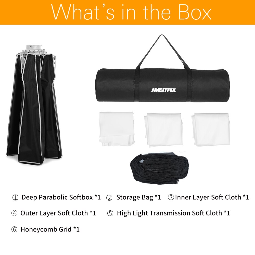 AMBITFUL P90 90CM Quickly Release Parabolic Deep Softbox + Honeycomb Grid for Bowens Profoto Elinchrom Mount Studio Flash