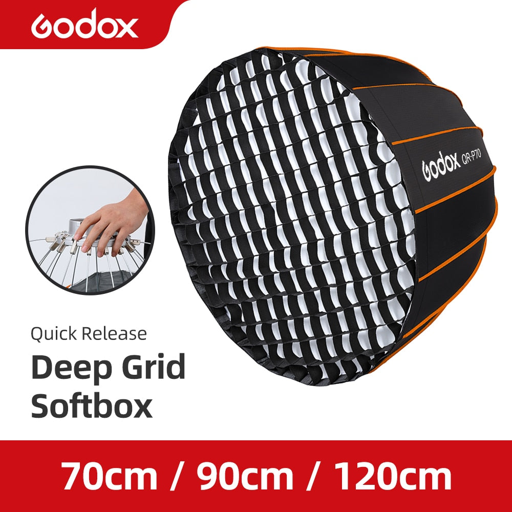 Godox QR-P70 70CM QR-P90 90CM QR-P120 120CM Quickly Release Parabolic Deep Softbox +Honeycomb Grid for Bowens Mount Studio Flash