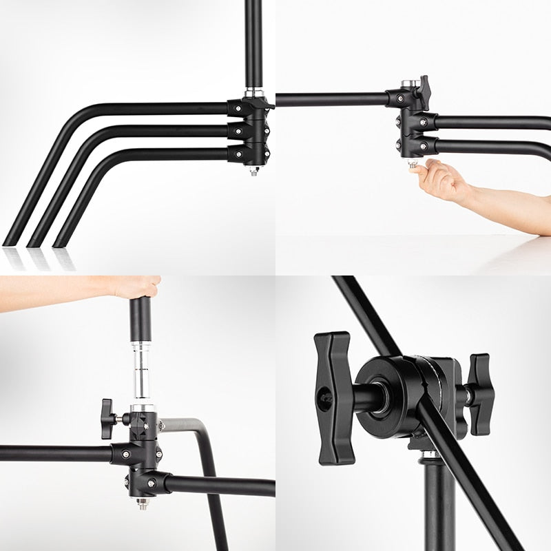 Black Heavy Duty Light Stand with Detachable Base 5-10 feet/1.6-3.2 meters Adjustable C Stand with 2 Risers for Photography