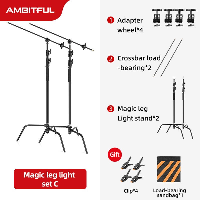 Black Heavy Duty Light Stand with Detachable Base 5-10 feet/1.6-3.2 meters Adjustable C Stand with 2 Risers for Photography
