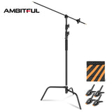 Black Heavy Duty Light Stand with Detachable Base 5-10 feet/1.6-3.2 meters Adjustable C Stand with 2 Risers for Photography