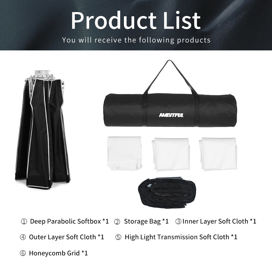 AMBITFUL P120 120CM Quickly Release Parabolic Deep Softbox + Honeycomb Grid for Bowens Profoto Elinchrom Mount Studio Flash