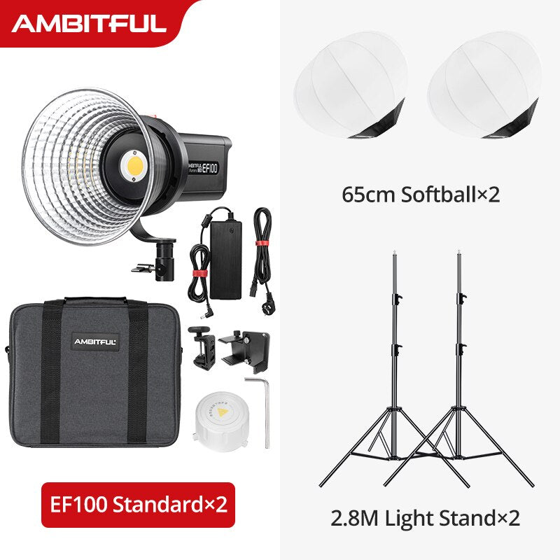 AMBITFUL EF100 COB LED Video Light 5600K CRI 95+ TLCI 95+ LED Continuous Light Bowens Mount Built-in APP Adjust Brightness