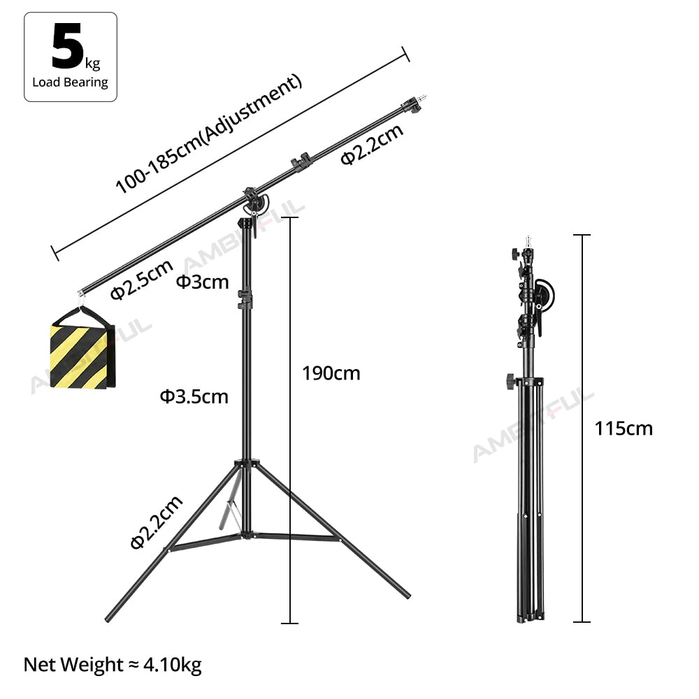 126" 320cm Two Way Rotatable Aluminum Adjustable Tripod Boom Light Stand with Sandbag for Studio Photography Video