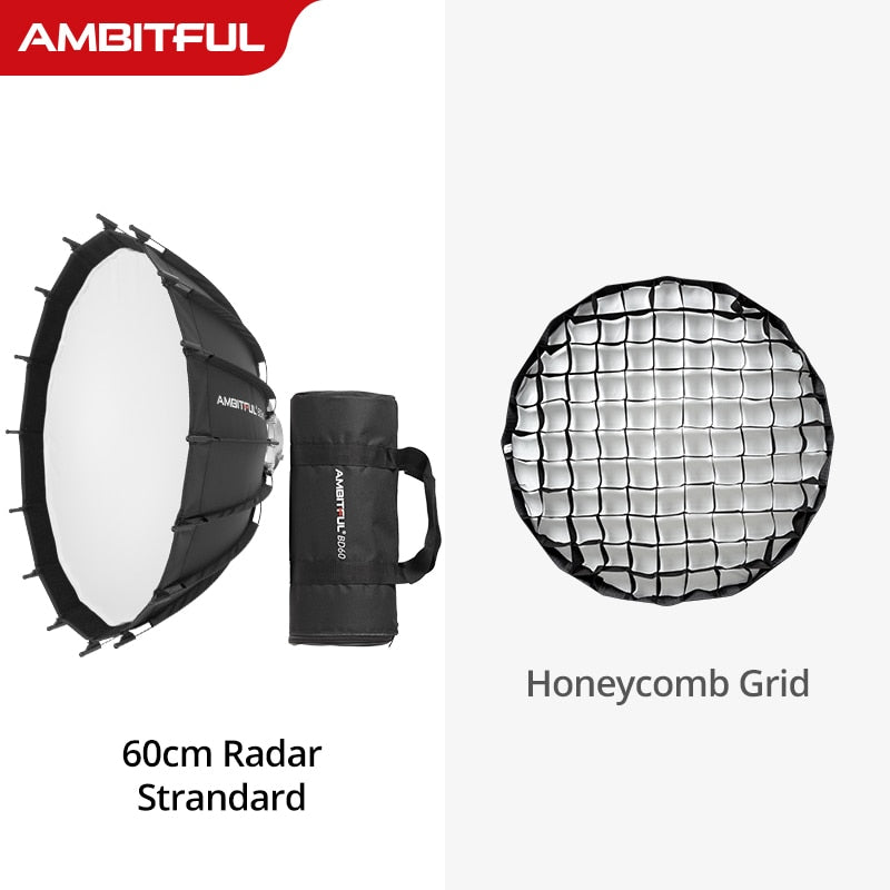Ambitful 60cm 23.6'' Studio Silver Wide Angle Beauty Dish Honeycomb Grid Bowens Mount for Godox SK400II QT600II SL200II VL300