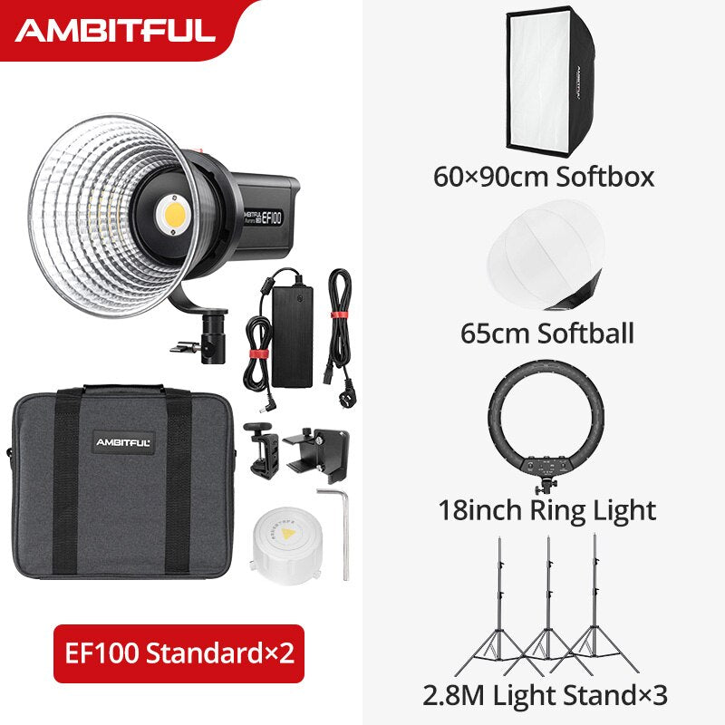 AMBITFUL EF100 COB LED Video Light 5600K CRI 95+ TLCI 95+ LED Continuous Light Bowens Mount Built-in APP Adjust Brightness