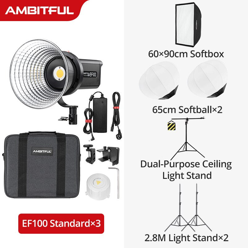 AMBITFUL EF100 COB LED Video Light 5600K CRI 95+ TLCI 95+ LED Continuous Light Bowens Mount Built-in APP Adjust Brightness
