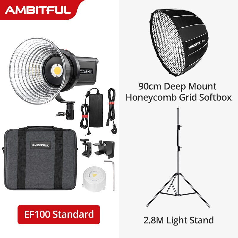 AMBITFUL EF100 COB LED Video Light 5600K CRI 95+ TLCI 95+ LED Continuous Light Bowens Mount Built-in APP Adjust Brightness