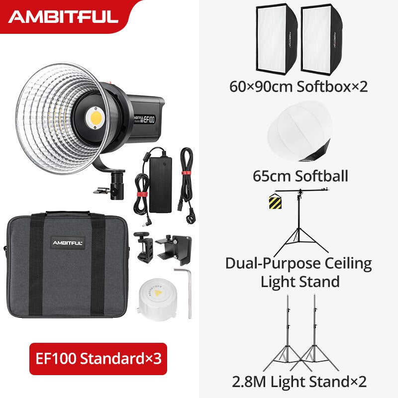 AMBITFUL EF100 COB LED Video Light 5600K CRI 95+ TLCI 95+ LED Continuous Light Bowens Mount Built-in APP Adjust Brightness