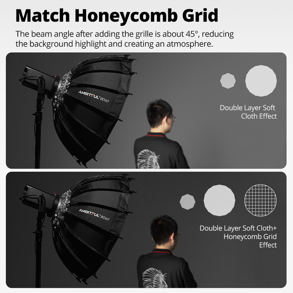 Ambitful 60cm 23.6'' Studio Silver Wide Angle Beauty Dish Honeycomb Grid Bowens Mount for Godox SK400II QT600II SL200II VL300
