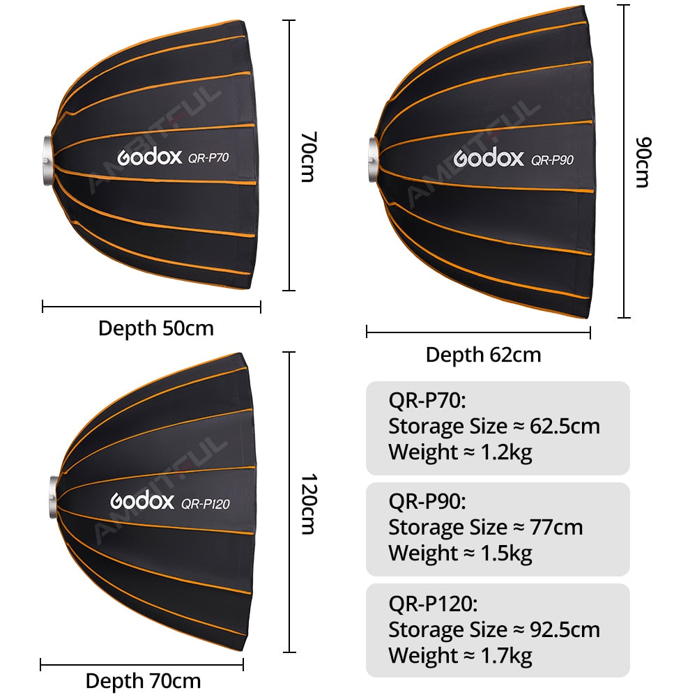 Godox QR-P70 70CM QR-P90 90CM QR-P120 120CM Quickly Release Parabolic Deep Softbox +Honeycomb Grid for Bowens Mount Studio Flash