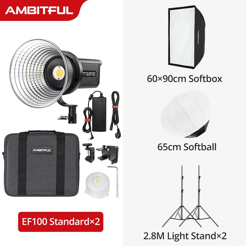 AMBITFUL EF100 COB LED Video Light 5600K CRI 95+ TLCI 95+ LED Continuous Light Bowens Mount Built-in APP Adjust Brightness