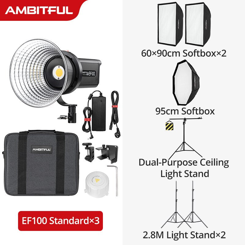 AMBITFUL EF100 COB LED Video Light 5600K CRI 95+ TLCI 95+ LED Continuous Light Bowens Mount Built-in APP Adjust Brightness